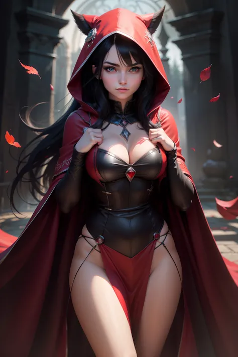 Ultra realistic image of a beautiful young girl. Black hair with white streaks, witch. Red outfit with a burgundy hood. Super-Resolution, 32k, Unreal Engine, Photoshop, Hyperdetailed, Beautiful, Vibrant Ruby Pearlescent, Dark-Red, Dark-Green, Blue Hour, Ci...