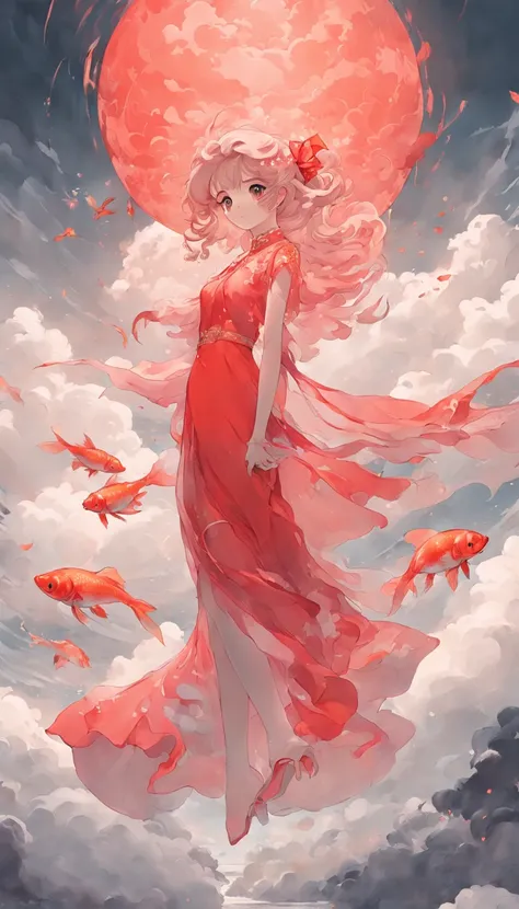 an inky white painting of a lady in old red dress with a huge pink goldfish in the cloud, made of mist, dark white and pink, in the style of li shuxing, shilin huang, zhichaocai, ethereal forms, gigantic scale, graceful balance, double exposure, Cloud effe...