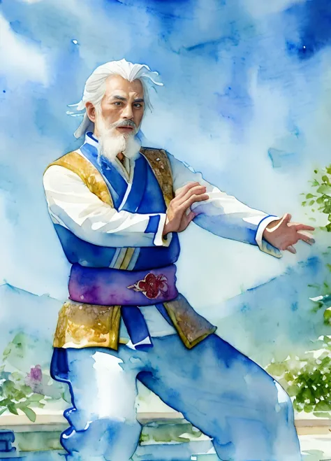 tmasterpiece, top-quality, (WaterColor style:1.4), 电影灯光, Chinas 90-year-old white-haired kung fu master，Long beard，white clothe，taijitu，Light rain，full bodyesbian，Ancient temple，water stain，Color melting，Moisture