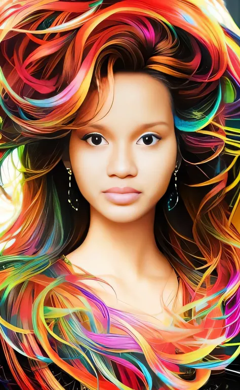 uma mulher com cabelos coloridos e piercings posando para uma foto, rainbow hair, rainbow hair overlay, rainbow colored hair, estrias coloridas brilhantes de cabelo, cabelos coloridos, psychedelic hair, Hair Coloring, cabelos multicoloridos, cabelos colori...