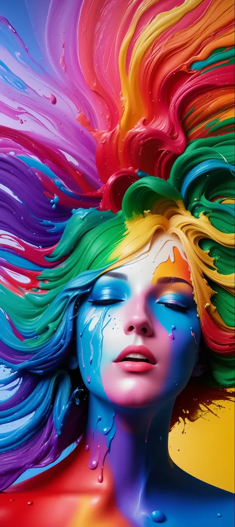 (level difference: 1.8),(Painting colliding and splashing on canvas),(depth of field),davids the thinker,(side face),open mouth,(rainbow hair liquid paint:1.1) made of paint and defies gravity, thick flow, (ink splashes: 1.3), liquid state, gorgeous, maste...