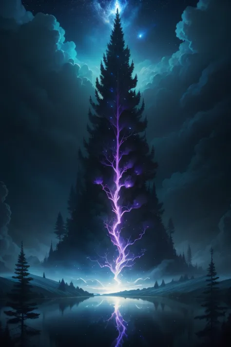 A surrealist one、Otherworldly、Illustration of the super sky scene，、Very detailed and magical lighting、Intricate forest details、sik、Beautiful lake、Beautiful lighting and realistic proportions，As if it were a movie backdrop，8k，HighestQuali，tmasterpiece，Cloud...