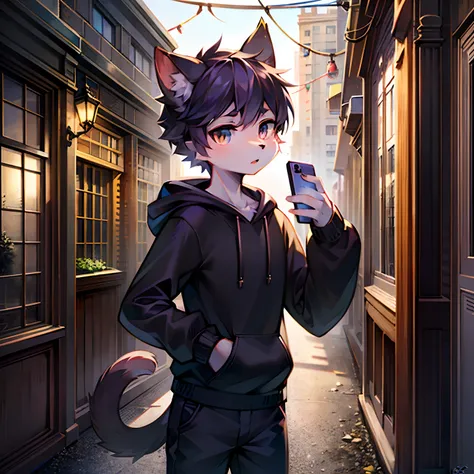 Anime characters with cat ears and hoodie holding mobile phone，a picture inspired by Niko Henrichon，Trend of CGsociety，Furry art，Anime Catwoman，anime visual of a cute cat，Cute anime cat man，anime cat，Beautiful anime cat man，Boy with cat ears and tail，Cat m...