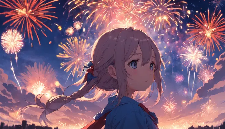 1girll，sideface，Sideways，full bodyesbian，Face，Fireworks in bloom，Colorful fireworks，fire works，daysies，Floating in the sky，brightly，cheerfulness，Warm and soft lighting，early evening，Blue，light cloud，Bar cloud