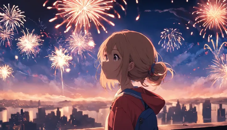 1girll，sideface，Sideways，full bodyesbian，Face，Fireworks in bloom，Colorful fireworks，fire works，daysies，Floating in the sky，brightly，cheerfulness，Warm and soft lighting，early evening，Blue，light cloud，Bar cloud