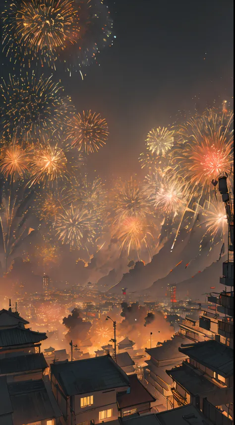 1city, cyberpunk, light brown tone, panoramic, detailed, fireworks, new year