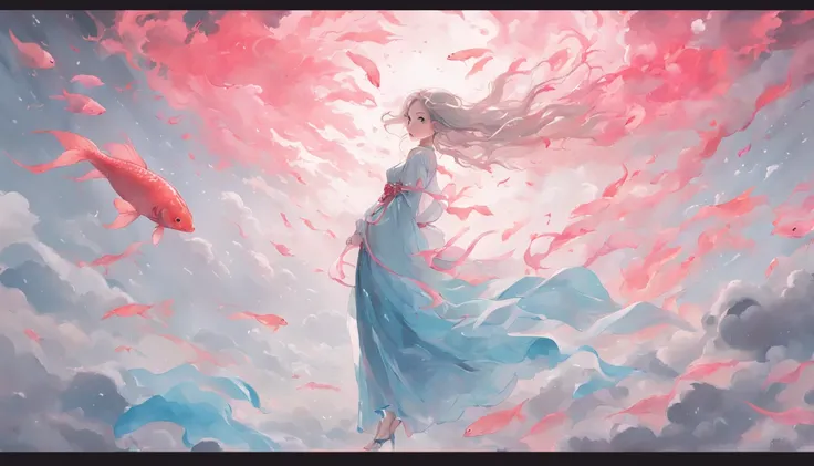 An inky white painting，The painting shows a lady in a long light blue dress，There is a huge pink goldfish in the clouds, Made of fog, Dark white and pink, Clear face，Clear  eyes，In the style of Li Shuxing, shilin huang, Brilliant talent, Ethereal form, gig...