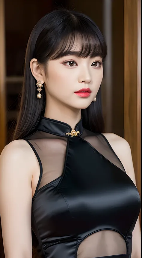 Princess cut hairstyle，huge tit，Student sister temperament，largeeyes，Long legs，blacksilk，Wear a transparent cheongsam，Wear crystal heels，Wear a neck ring，He wears a white hosta in his hair，