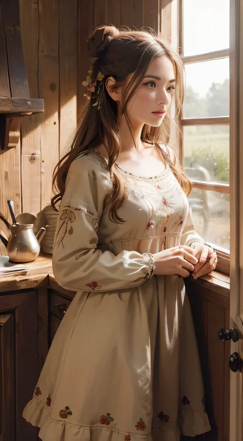 ((masterpiece)),((best quality)),((high details)),((realistic)), beautiful girl wearing Rustic Embroidered Dress, Low bun with loose strands hair,Warm indoor light through windows, Village cottage interior with vintage decor background, 8k