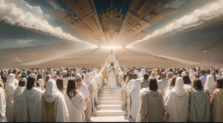 A stunning image depicting the Doomsday scenario, conforme descrito em Apocalipse 20:11. ((O trono branco onde Jesus se senta se destaca na cena)), The throne of Jesus is full of glory, Before Jesus an immense multitude of people, Everyone is in the clouds...