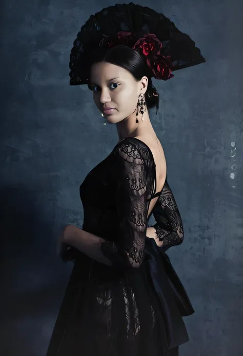 a woman in a black dress and a black hat with flowers, an elegant gothic princess, wearing a gothic dress, Em estilo de Paolo Roversi, vestido com renda preta, uma mulher elegante no vestido preto, victorian gothic, Gothic style, usando um vestido elegante...