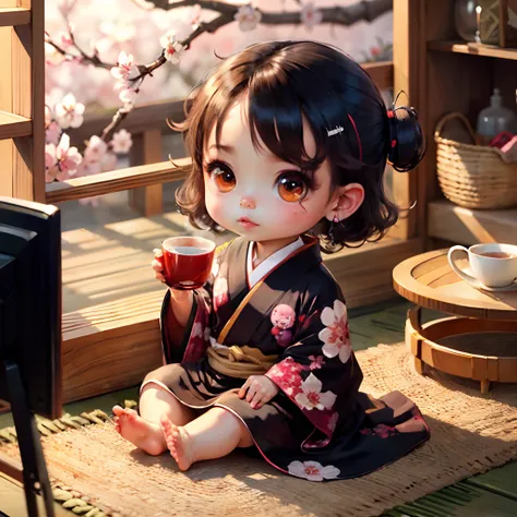 Cute light skinned baby chibi anime, black kimono, drink tea, straight hair, in a frame, drink hot tea, cherry blossom, logo