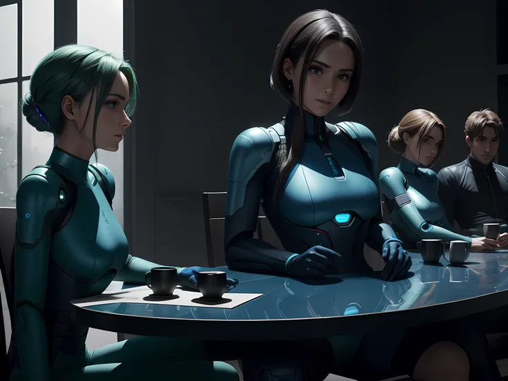 Humans sitting around a table having fun with Androids. Hiperrealista, 8 K, en tonos azules, anaranjados, verdes, violetas.