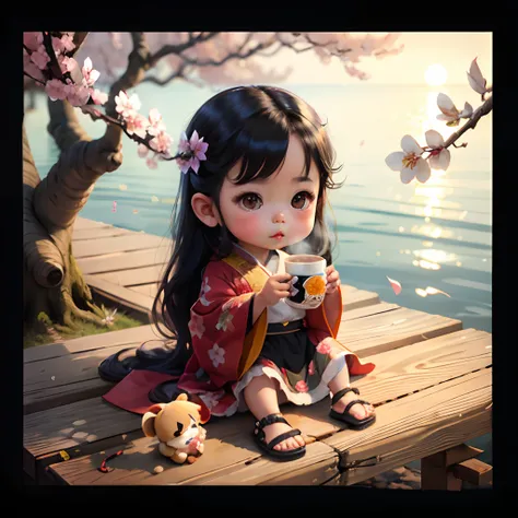 Cute light skinned baby chibi anime, black kimono, drink tea, straight long black hair, in a frame, drink hot tea, cherry blossom, logo, black platform sandals