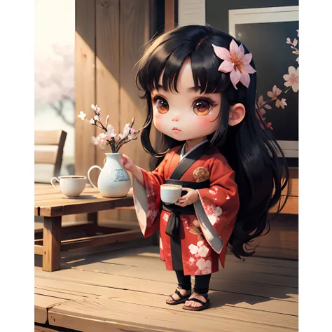 Cute light skinned baby chibi anime, black kimono, drink tea, straight long black hair, in a frame, drink hot tea, cherry blossom, logo, black platform sandals