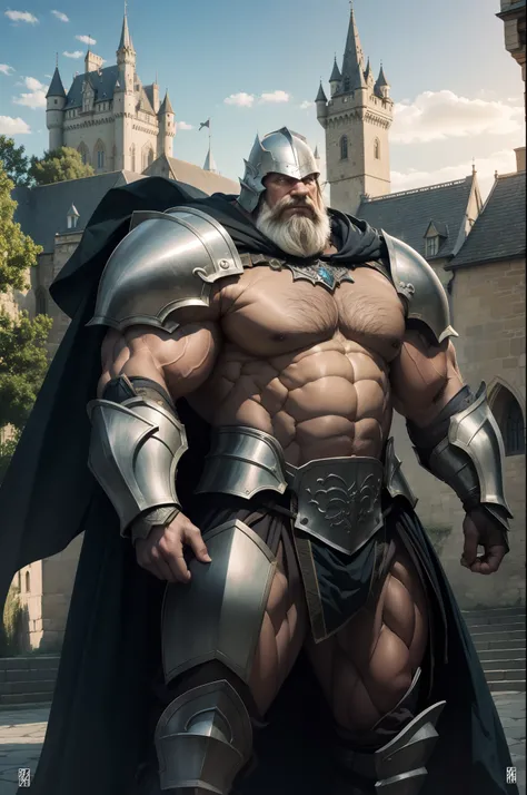 old man knight, armored, castle background, muscular, wearing armor