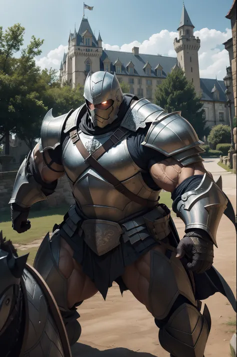 old man knight, armored, castle background, muscular, wearing armor