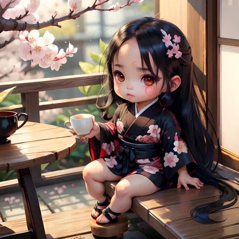 Cute light skinned baby chibi anime, black kimono, drink tea, straight long black hair, in a frame, drink hot tea, cherry blossom, logo, black thick platform sandals