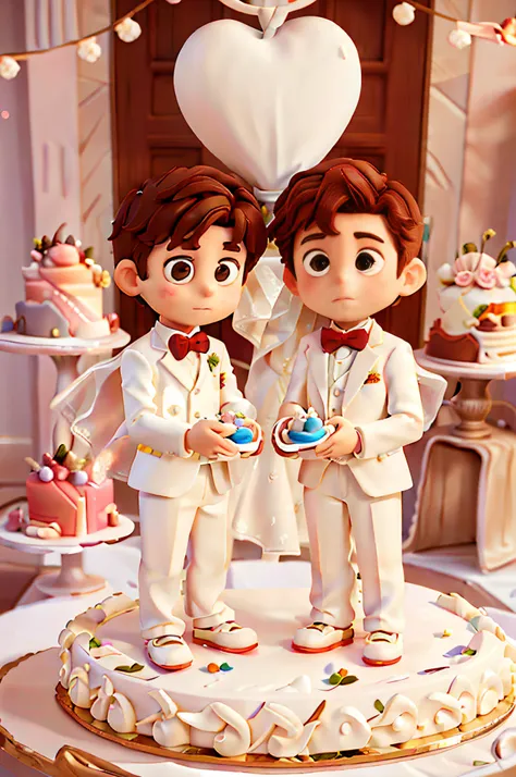 wedding cake shape, (cake style:1.2), (masterpiece, best quality), (2 boys in white suits: 0.6) flowers in hand，stand on the cak...