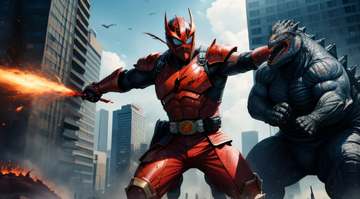 A man jumps in the air，Face away from the camera，Fist smashed into Godzillas army，He wears red armor，Be covered in blood，There is a fire burning around，The urban environment has been destroyed，Kamen Rider style，high high quality，High picture quality，A high...