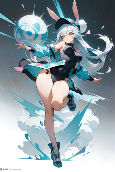 master-piece, anime female character with grey hair wearing a hat with bunny ears, bountiful breasts, exposed big  bountiful breasts , jacket, sticking out pose, with a dynamic pose ((full body)) , white and blue and cyan,, trending on artstation pixiv, 2 ...