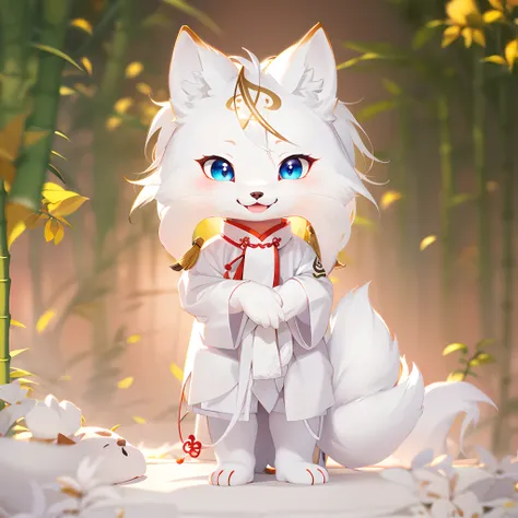 Large bamboo forest background, Beautiful Chinese wind fox fairy, Nine fox tails, Beautiful face, Glowing eyes, White Chinese traditional costume, White cape, Fox ears, half close-up, Look at the camera, Side shot, With an excited smile, style of surrealis...