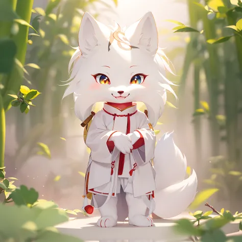 Large bamboo forest background, Beautiful Chinese wind fox fairy, Nine fox tails, Beautiful face, Glowing eyes, White Chinese traditional costume, White cape, Fox ears, half close-up, Look at the camera, Side shot, With an excited smile, style of surrealis...