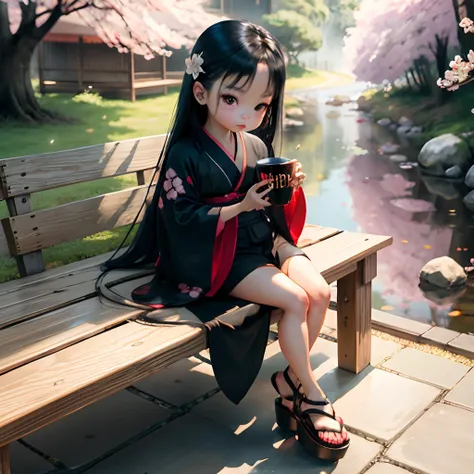 Cute light skinned baby chibi anime, black kimono, drink tea, straight long black hair, in a frame, drink hot tea, cherry blossom, logo, black thick platform sandals