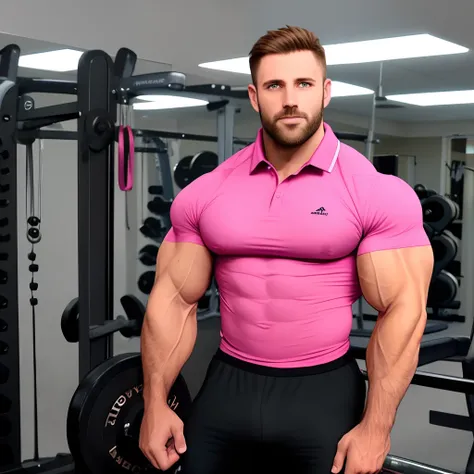 Muscle dad , big hairy chest , pink polo shirt , muscular personal trainer , medium hair