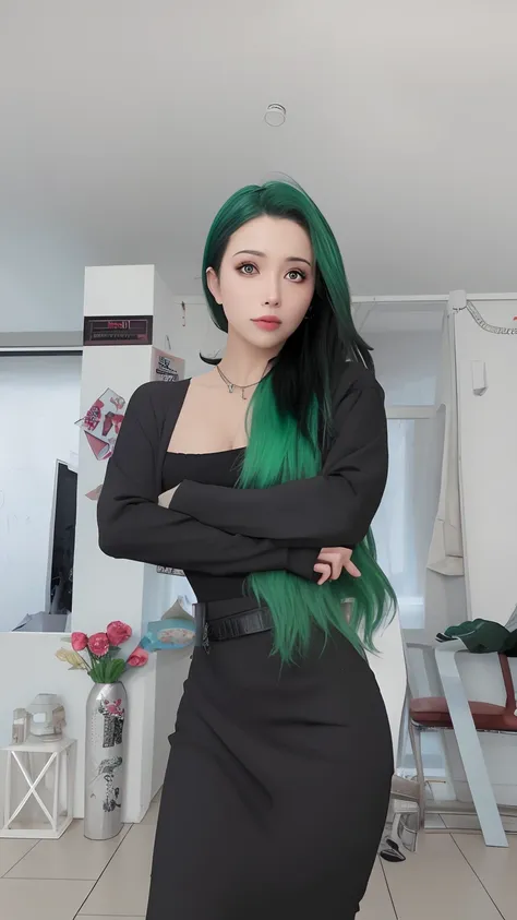 a close up of a woman with green hair and a black dress, green and black hair, long straight green black hair, long green hair, ...