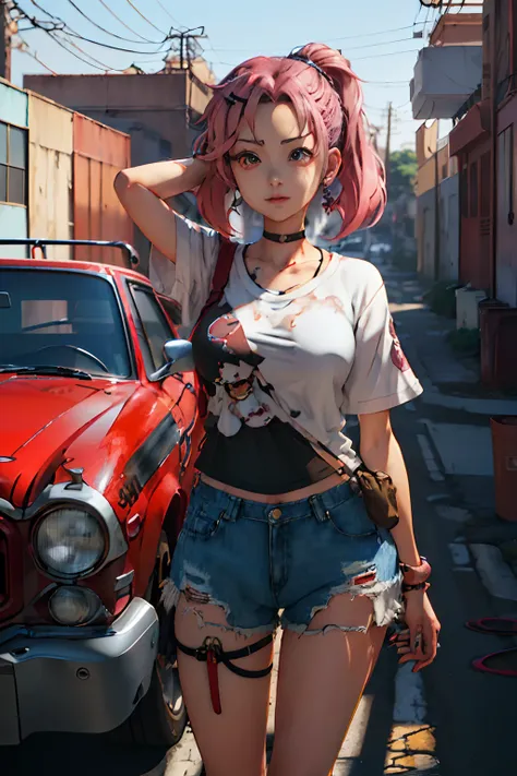 (an alfid woman wearing a white shirt and shorts walks toward a red car）, anime style. 8k, realistic anime 3 d style, realistic ...