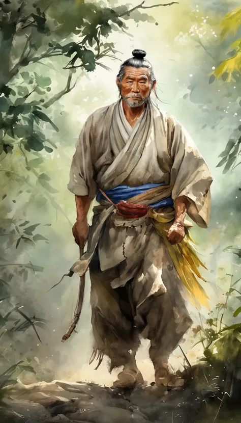 tmasterpiece, Handsome old samurai walking through the jungle among fireflies, (high detal: 1 1), Rough face, Natural skin, high high quality, NSFW, beautidful eyes, (detailed faces and eyes), (the face: 1 2), noise, Extra, Realphotos, ...PSD, Lamp film ph...