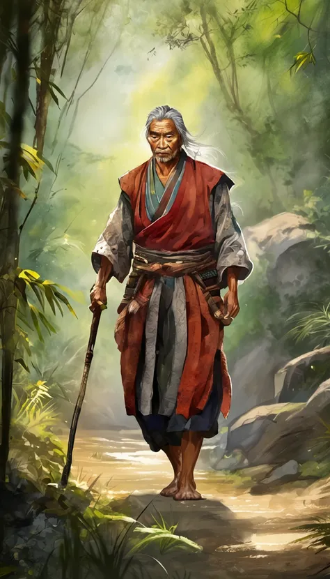 tmasterpiece, Handsome old samurai walking through the jungle among fireflies, (high detal: 1 1), Rough face, Natural skin, high high quality, NSFW, beautidful eyes, (detailed faces and eyes), (the face: 1 2), noise, Extra, Realphotos, ...PSD, Lamp film ph...