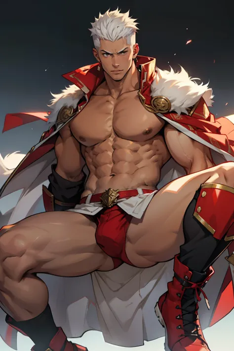 Highest image quality，male people，child，1 boy，Young and handsome，shoun，White color hair，Short flat top hair，Dark  skin，anime big breast，anime wallpaper，Solo，malefocus，Briefs，Dilation of the pectoral muscles，Red cape，Bulging crotch，Urban background，spread t...