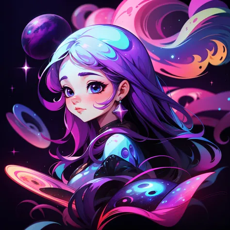 adesivo, fundo simples, portrait, 1 girl, girl with long hair, beautiful galaxy girl, galaxy aesthetic, beautiful girl, very beautiful fantasy art, beautiful and elegant female galaxy, beautiful detailed fantasy, purple and blue color palate, purple color-...