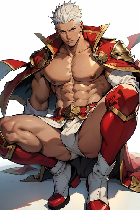 Highest image quality，male people，child，1 boy，Young and handsome，shoun，White color hair，Short flat top hair，Dark  skin，anime big breast，anime wallpaper，Solo，malefocus，Briefs，Dilation of the pectoral muscles，Red cape，Bulging crotch，Urban background，spread t...