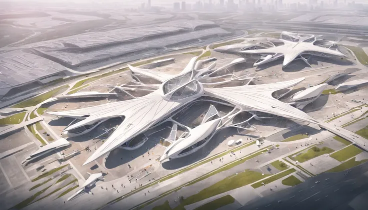 an aerial view of a large airport with a lot of airplanes, no futuro telhado do aeroporto, Directed by: Zha Shibiao, aeroporto, Zaha Hadid Arquitetura, arquitetura de estilo zaha hadid, inspirado em Zha Shibiao, Pequim, Tilt Shift Zaha Hadid Fundo, no esti...