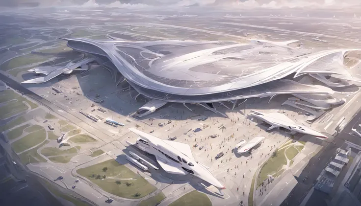 an aerial view of a large airport with a lot of airplanes, no futuro telhado do aeroporto, Directed by: Zha Shibiao, aeroporto, Zaha Hadid Arquitetura, arquitetura de estilo zaha hadid, inspirado em Zha Shibiao, Pequim, Tilt Shift Zaha Hadid Fundo, no esti...