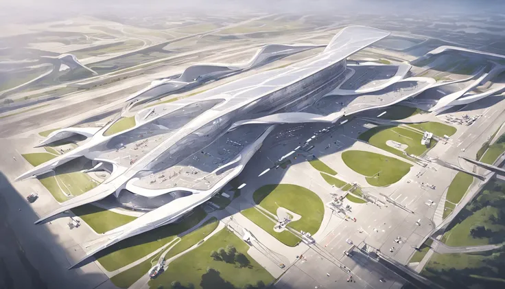 an aerial view of a large airport with a lot of airplanes, no futuro telhado do aeroporto, Directed by: Zha Shibiao, aeroporto, Zaha Hadid Arquitetura, arquitetura de estilo zaha hadid, inspirado em Zha Shibiao, Pequim, Tilt Shift Zaha Hadid Fundo, no esti...