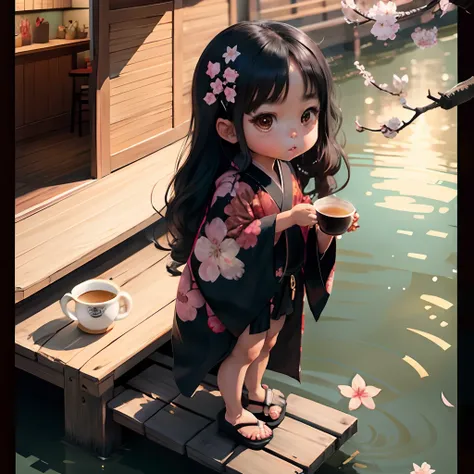 Cute brown skinned baby chibi anime, black kimono, drink tea, straight long black hair, in a frame, drink hot tea, cherry blossom, logo, black thick platform sandals