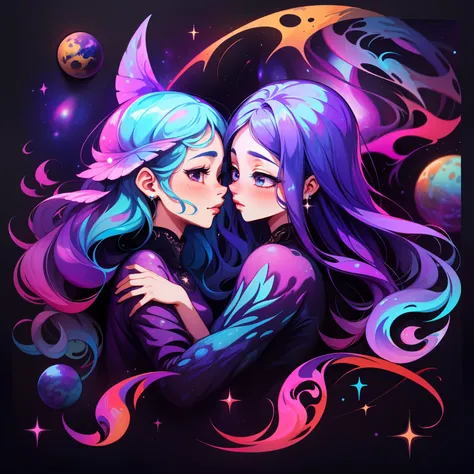 adesivo, fundo simples, portrait, 2 girls, couple, kissing, girl with long hair, beautiful galaxy girl, galaxy aesthetic, beautiful girl, very beautiful fantasy art, beautiful and elegant female galaxy, beautiful detailed fantasy, purple and blue color pal...