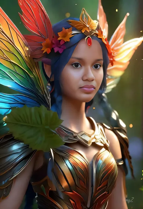 um close up de uma mulher com um vestido colorido e asas, personagem de fantasia hiperdetalhado, fey queen of the summer forest, unreal engine render + uma deusa, epic 3 d oshun, fae adolescente, Retrato de uma fada, impressionante render 3d de uma fada, R...