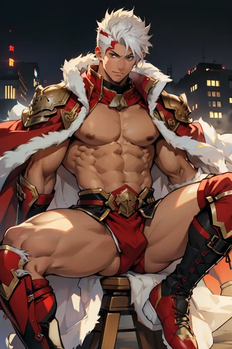 Highest image quality，male people，child，1 boy，Young and handsome，shoun，White color hair，Short flat top hair，Dark  skin，anime big breast，anime wallpaper，Solo，malefocus，Briefs，Dilation of the pectoral muscles，Red cape，Bulging crotch，Urban background，spread t...