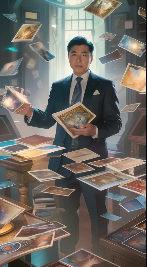 A detailed painting depicting a handsome, mature Asian man in a suit surrounded by a flurry of glowing Magic The Gathering cards and the book Dungeons and Dragons in the center.