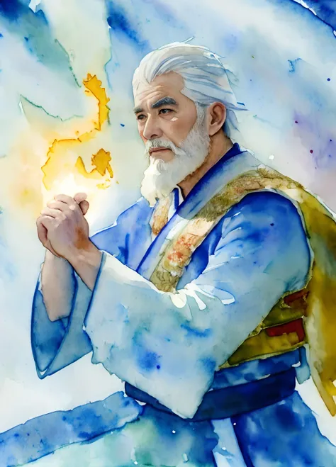 tmasterpiece, top-quality, (WaterColor style:1.4), 电影灯光, Chinas 90-year-old white-haired kung fu master，Long beard，white clothe，taijitu，Light rain，full bodyesbian，Ancient temple，water stain，Color melting，Moisture