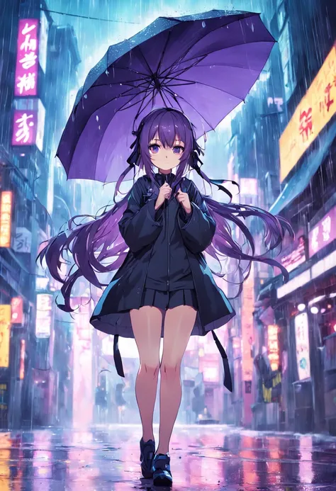 Anime girl umbrella in rain with purple background, Anime art wallpaper 8 K, Anime art wallpaper 4k, Anime art wallpaper 4 K, Guviz, rained!, Umbrellas, nightcore, under rain, In the rain, from girls frontline, Guviz-style artwork, Best anime 4k konachan w...