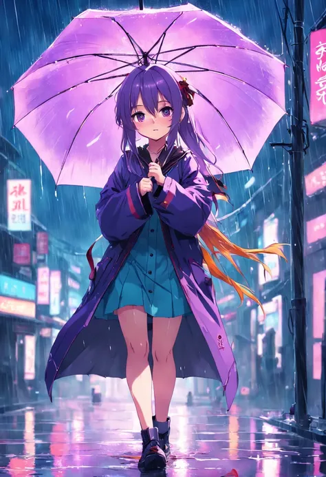 Anime girl umbrella in rain with purple background, Anime art wallpaper 8 K, Anime art wallpaper 4k, Anime art wallpaper 4 K, Guviz, rained!, Umbrellas, nightcore, under rain, In the rain, from girls frontline, Guviz-style artwork, Best anime 4k konachan w...