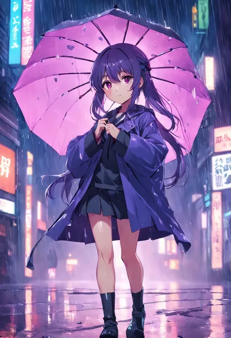 Anime girl umbrella in rain with purple background, Anime art wallpaper 8 K, Anime art wallpaper 4k, Anime art wallpaper 4 K, Guviz, rained!, Umbrellas, nightcore, under rain, In the rain, from girls frontline, Guviz-style artwork, Best anime 4k konachan w...