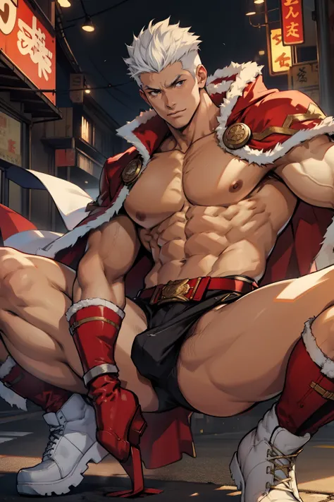 Highest image quality，male people，child，1 boy，Young and handsome，shoun，White color hair，Short flat top hair，Dark  skin，anime big breast，anime wallpaper，Solo，malefocus，Briefs，Dilation of the pectoral muscles，Red cape，Bulging crotch，Urban background，spread t...