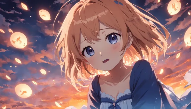 tmasterpiece, best qualtiy, cinematic Film still from, 1girll, Cloud Girl, Floating in the sky, closeup cleavage, brightly, cheerfulness, Warm and soft lighting, the sunset, (spark of light:0.7), saori, in style of kyoto animation, Kyoto Animation, Perfect...